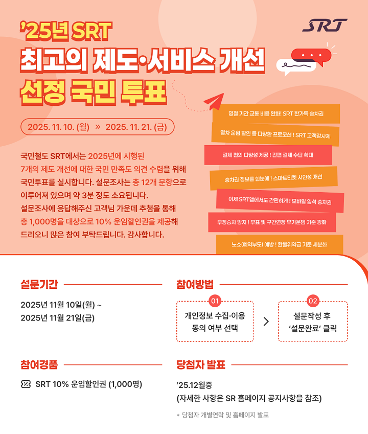 에스알, 2025년 SRT 최고의 제도·서비스는?