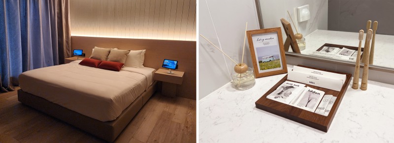 (좌) 힐스테이트 레이크 송도 4차에 적용된 헤이슬립, (우) 업사이클링 기반 힐스테이트 브랜드 어메니티.(사진=현대건설)