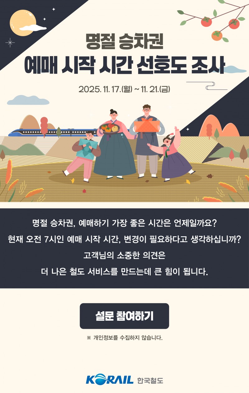 코레일, ‘명절 승차권 예매 시작 시간 선호도 조사’ 실시