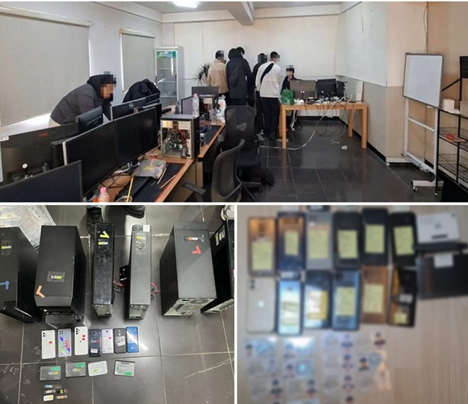 (사진위부터 시계방향)콜센터조직원 검거현장/압수한 타인 휴대폰과 신분증/콜센터 사무실 압수물.(사진제공=부산경찰청)