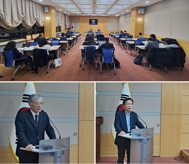 (사진위부터 시계방향) 12월 형사판례연구회 월례회 및 정기총회 모습/ 차기 회장 소감 발표하는 전지연 연세대 로스쿨 명예교수/ 전지연 차기 회장 결정을 밝히는 김우진 현 회장. (사진제공=한국형사판례연구회)