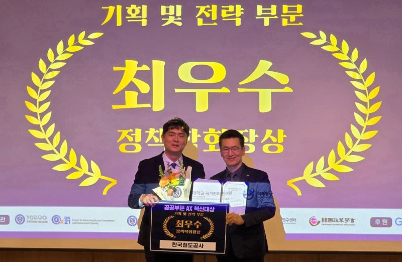 (오른쪽부터) 윤재훈 코레일 AI 전략본부장, 박형준 한국정책학회장.(사진=코레일)