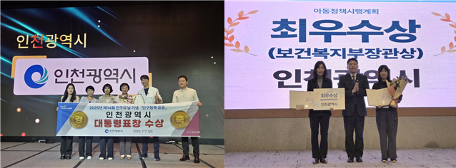 왼쪽(2025년 7월 11일, 보건복지부가 주최한 제14회 ‘인구의 날’ 기념행사에서 대통령 기관 표창 수상) 오른쪽(아동정책 시행계획 추진실적 평가 최우수) / 인천시청