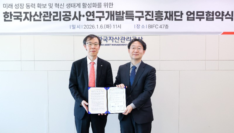 6일 부산국제금융센터(BIFC)에서 개최된 '기술혁신기업 공동 지원을 위한 업무협약식' 에서 정정훈 캠코 사장(사진 왼쪽)과 정희권 연구개발특구진흥재단 이사장(사진 오른쪽)이 협약을 체결하고 기념촬영을 하고 있다. 사진=캠코