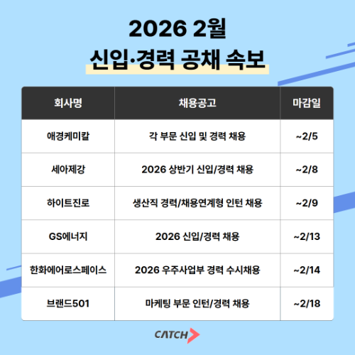 진학사 캐치 "애경케미칼·세아제강·하이트진로 등 주요 기업 2026년 상반기 채용 시작"