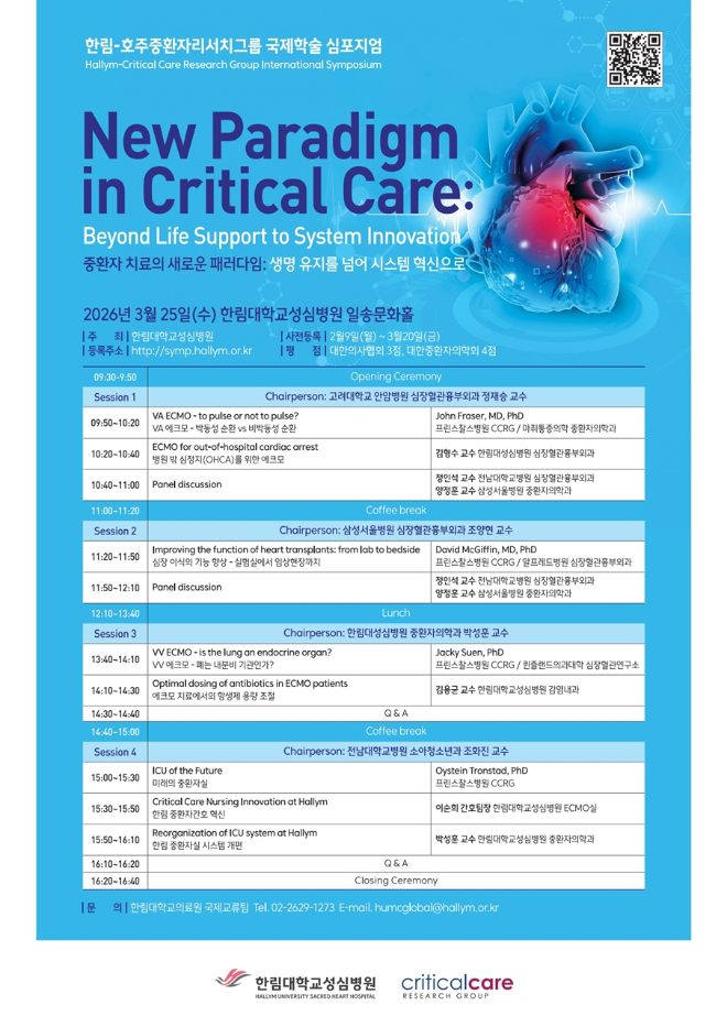 한림대성심병원, 호주 연구기관과 중환자 치료 국제학술 심포지엄 개최