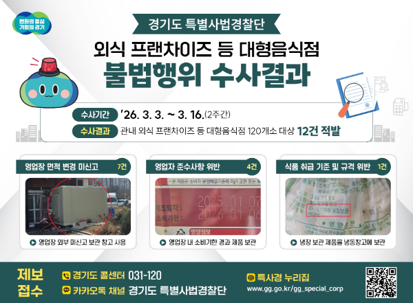 그래픽보도자료 외식 프랜차이즈 등 대형음식점 불법행위 수사결과 / 경기도