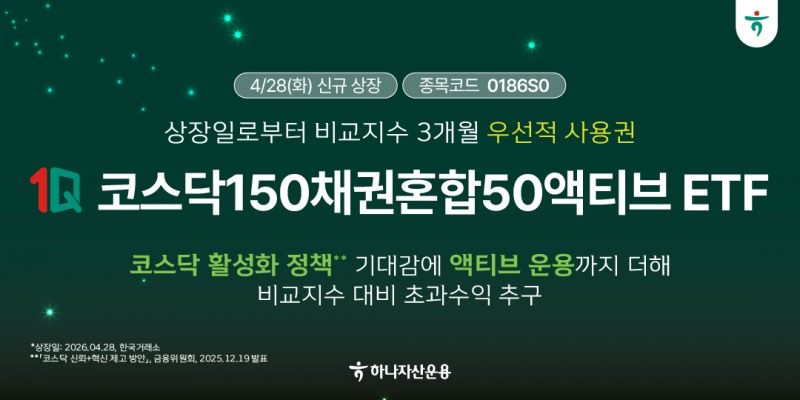 하나자산운용, 퇴직연금용 '1Q 코스닥150채권혼합50액티브 ETF' 신규 상장