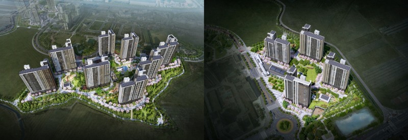 밀양 수자인 더퍼스트 1,2단지 조감도, (좌)1단지 (우)2단지.(사진=BS한양)