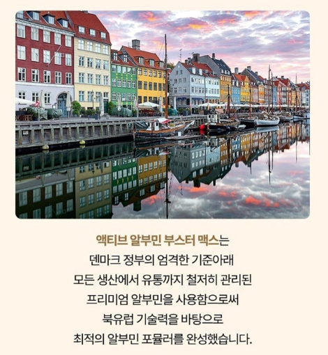 일양약품 '액티브 알부민 부스터 맥스' 제품 설명 중 일부. 상세페이지에서 '덴마크 정부의 엄격한 기준'에 대한 설명은 찾을 수 없었다. 사진=일양약품 액티브 알부민 부스터 맥스 제품 상세 페이지