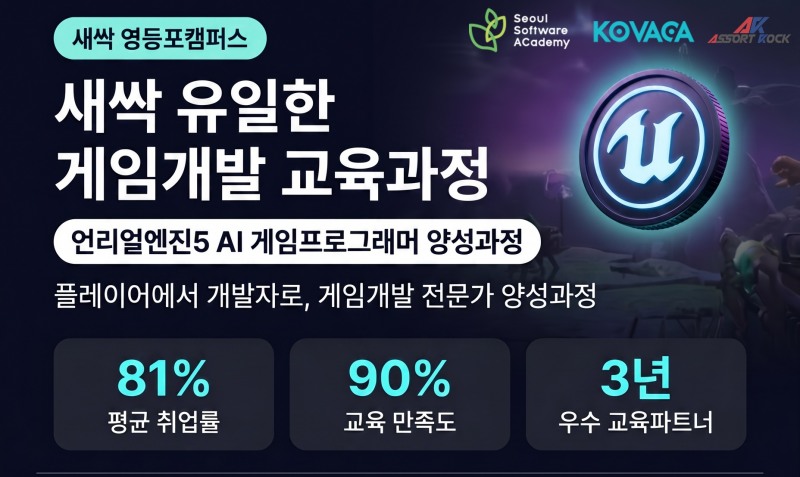 새싹 영등포캠퍼스가 ‘언리얼엔진 5 AI 게임프로그래머 양성과정’ 교육생을 모집한다.