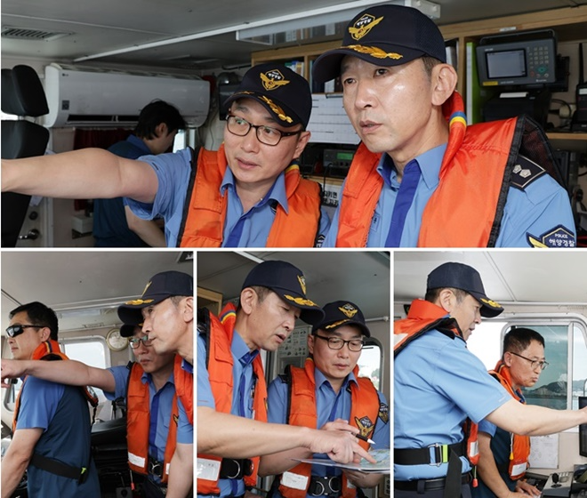 성대훈 부산해경서장이 29일 경비함정에 탑승해 해상 순찰을 하고 있다.(사진제공=부산해양경찰서)