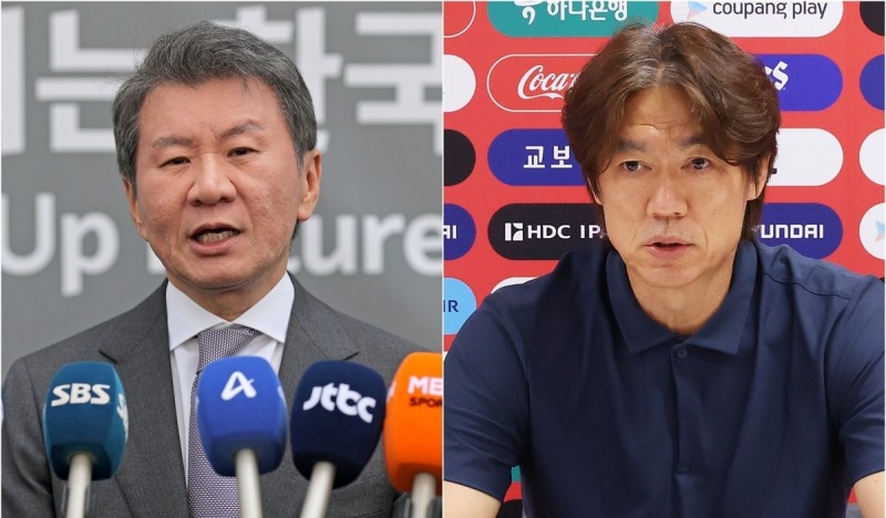 정몽규 전 대한축구협회장(왼쪽)과 홍명보 전 축구대표팀 감독(사진=연합뉴스)