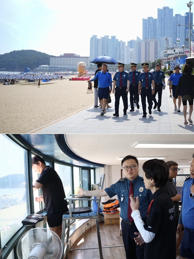 김성희 부산경찰청장이 해운대·광안리 여름경찰서 치안 현장을 점검하고 있다. (사진제공=부산경찰청)