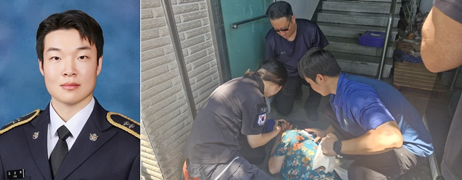 김성혁 순경 및 온열질환자 70대 여성 응급처지 모습.(사진제공=울산해양경찰서)