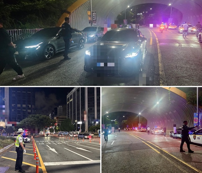 (사진위부터 시계방향)기장군 사전해산조치 모습/음주단속현장.(사진제공=부산경찰청)