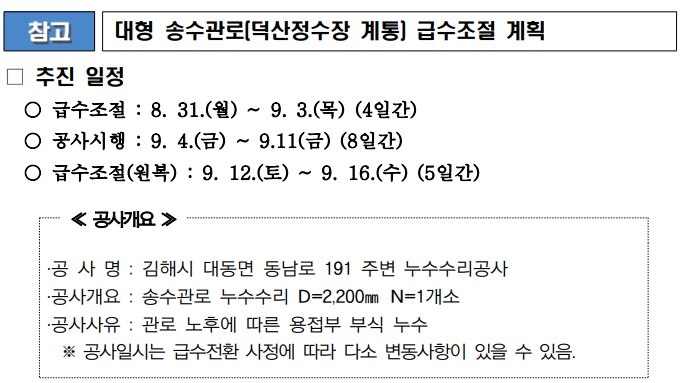 대형 송수관로(덕산정수장 계통)급수조절 계획.(제공=부산시)
