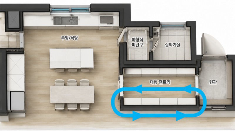 한화포레나 84㎡ 대면형 광폭주방 및 순환형 펜트리 평면도.(사진=한화 건설부문)