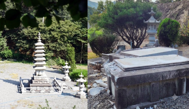 온전한 석탑(왼쪽)과 파손된 석탑.(사진=연합뉴스)