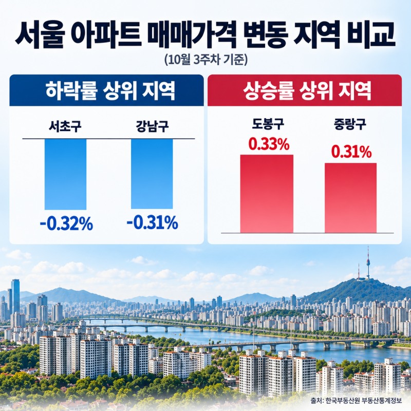 서울 아파트 매매가격 변동 지역 비교 그래프.