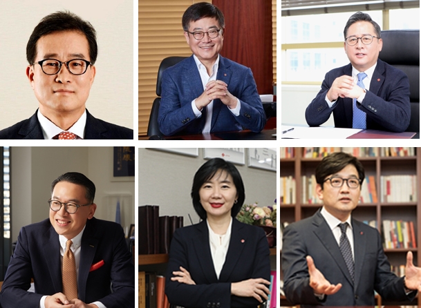 왼쪽부터 시계방향으로 이원준 롯데유통부문 부회장, 강희태 롯데백화점 대표, 강종현 롯데슈퍼 대표, 김종인 롯데마트 대표, 선우영 롭스 대표, 이동우 롯데하이마트 대표이사 (사진=롯데그룹)