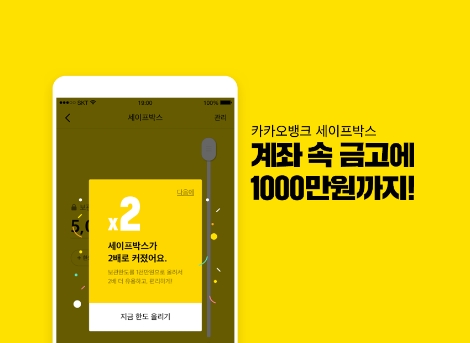 카카오뱅크가 여신 및 수신 상품을 확대 개선했다. 사진은 세이프박스의 한도 상향 안내 이미지. (사진=카카오뱅크)