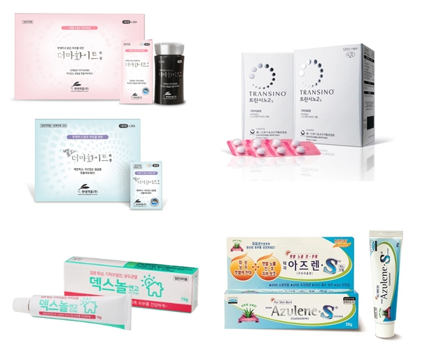 ▲ 왼쪽위부터 차례로 현대약품 ‘더마화이트정’, 보령제약 ‘트란시노2정’, 동국제약 ‘덱스놀 연고’, 태극제약 ‘아즈렌S’