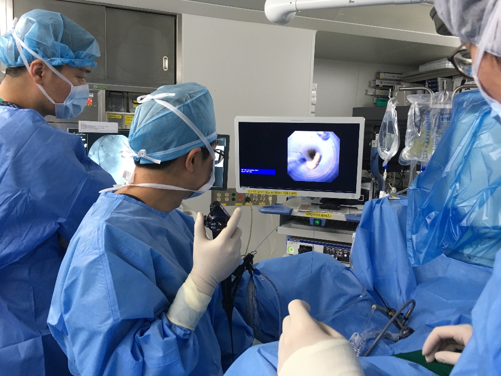 비뇨의학과 구교철 교수가 연성요관내시경을 사용해 결석제거술을 시행하고 있다. (사진=강남세브란스)
