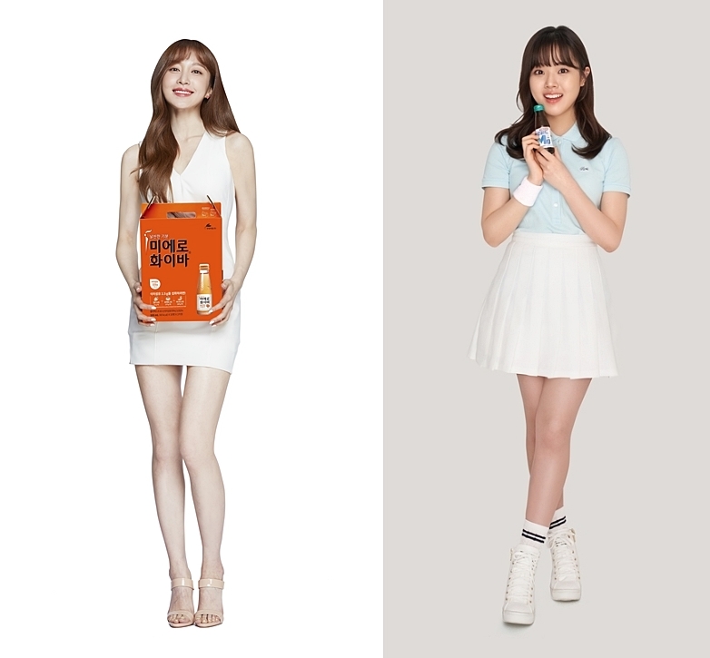 (사진=왼쪽 현대약품 미에로화이바 모델 ‘하니’, 오른쪽 일동제약 아로골드 시리즈 모델 ‘김향기)