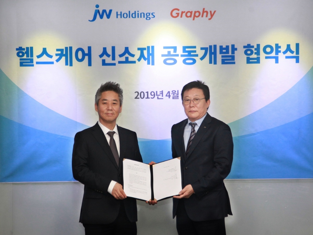 한성권 JW홀딩스 대표(오른쪽)와 심운섭 그래피 대표가 ‘헬스케어 신소재’ 공동개발 계약을 체결하고 기념촬영을 하고 있다.(사진=JW홀딩스)