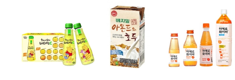왼쪽부터 고려은단 ‘허니&유자 비타민C 곰돌이 푸 에디션’, 정식품 ‘베지밀 아몬드와 호두 두유’, 현대약품 ‘미에로화이바’ (사진= 각 사 제공)