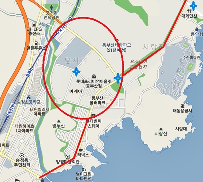 오시리아 관광단지 주변 주요 단속구역(파란색별표 불법주정차단속 CCTV).(사진제공=부산시)