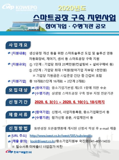 서부발전, 스마트공장 구축 지원사업 공모 진행