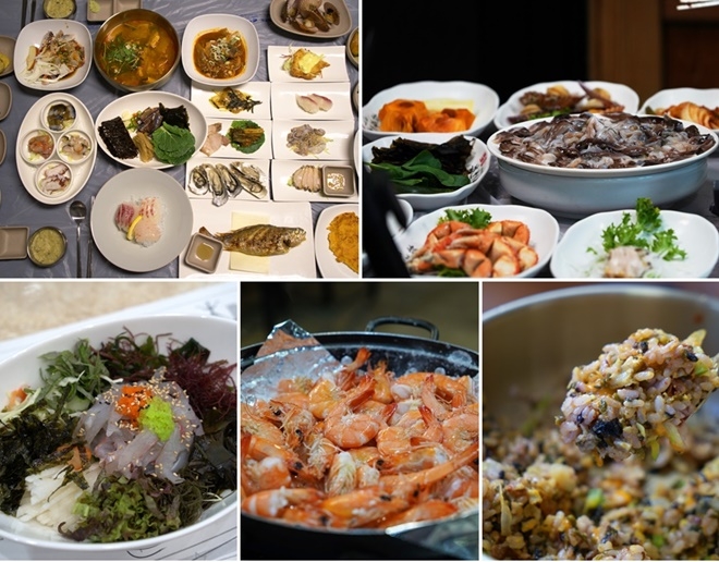 (사진위부터 시계방향) 통영 다찌/사천 새조개샤브샤브, 거제 명게&성게비빔밥/고성 새우구이/남해 해초회덮밥.(사진제공=경상남도)