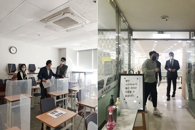 (왼쪽사진)지난 4월 26일 오승현 부교육감 해운대구지역 학원 점검 모습. (오른쪽사진)지난 5월 1일 김광수 교육국장 연제구지역 학원 점검 모습.(사진제공=부산교육청)