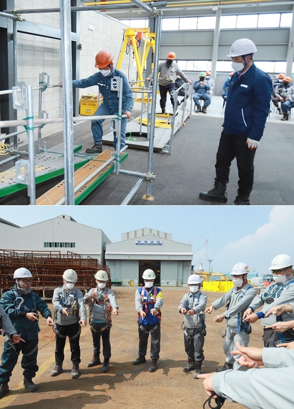 현대중공업 통합안전교육센터에서 직원들이 비계(발판) 이동 안전체험을 하고 있다./ 현대중공업 직원들이 업무 시작 전 TBM(Tool Box Meeting) 활동을 통해 안전작업을 다짐하고 있다.(사진제공=현대중공업)