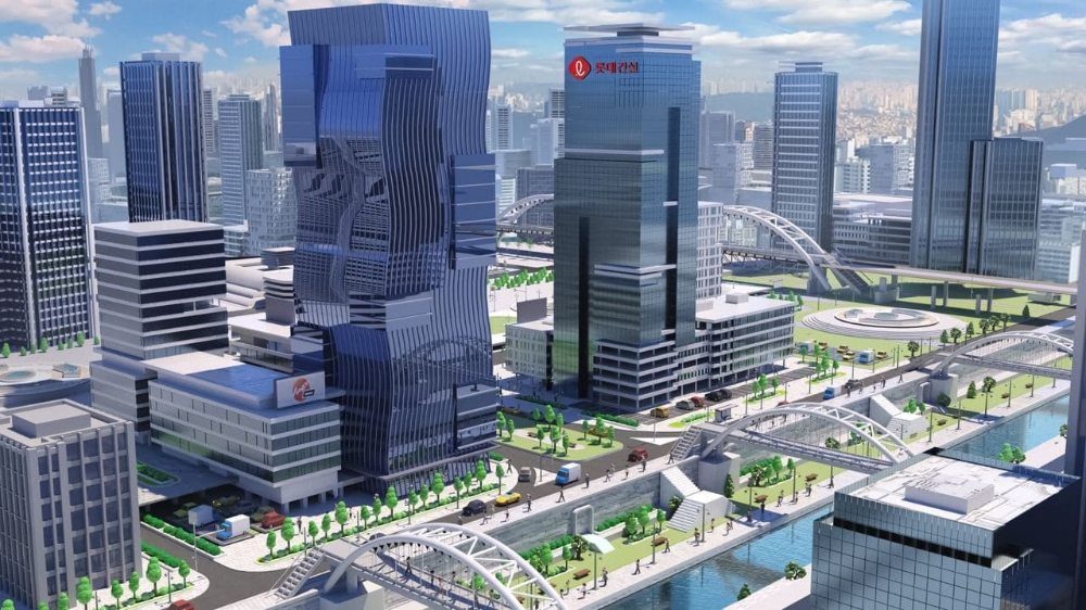 롯데건설이 직방과 손잡고 가상공간인 메타폴리스 내에 구현한 롯데건설 건물 이미지.(사진=롯데건설)