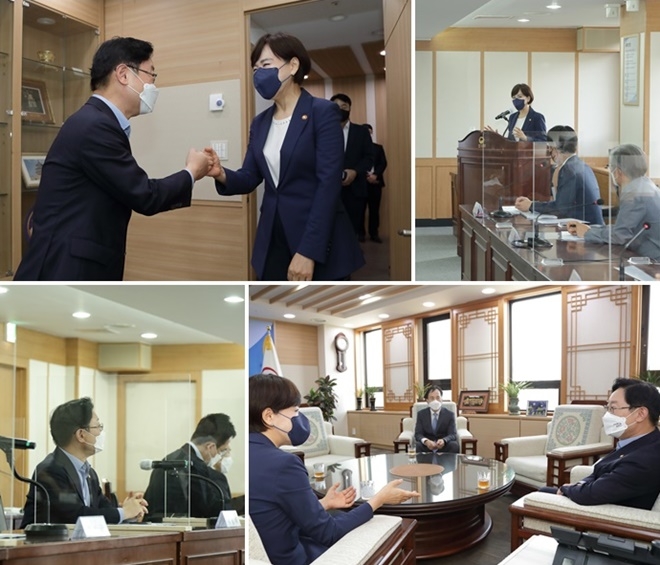 박범계 법무부장관이 장관실에서 전현희 국민권익위원회 위원장을 영접하고 있다./ 전현의 국민권익위원장이 청렴 교육을 하고 있다.(사진제공=법무부)