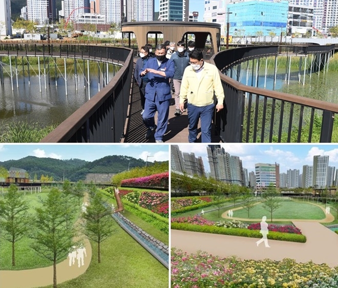 (사진위부터 시계방향)오규석 기장군수는 10월 19일 창조경제국장, 산림공원과장, 안전총괄과장 등과 함께 일광신도시 저류지 등을 현장점검하고 있다./일광신도시 후동앞뜰저류지 장미학습원 조감도./일광신도시 후동앞뜰저류지 장미학습원 조감도.(제공=부산 기장군)