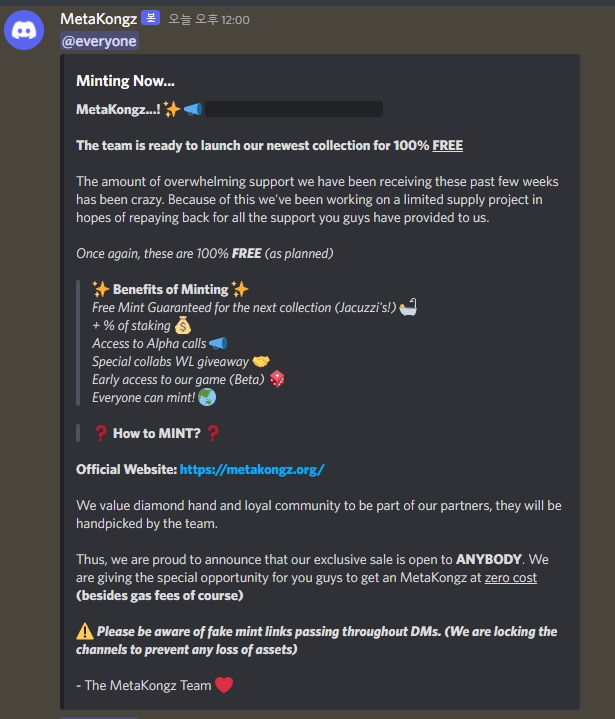 메타콩즈 디스코드에 해커가 올려놓은 글
