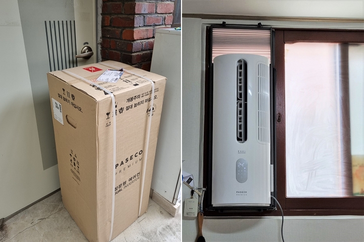 창문형 에어컨 전달 및 설치 모습.(사진=SR)