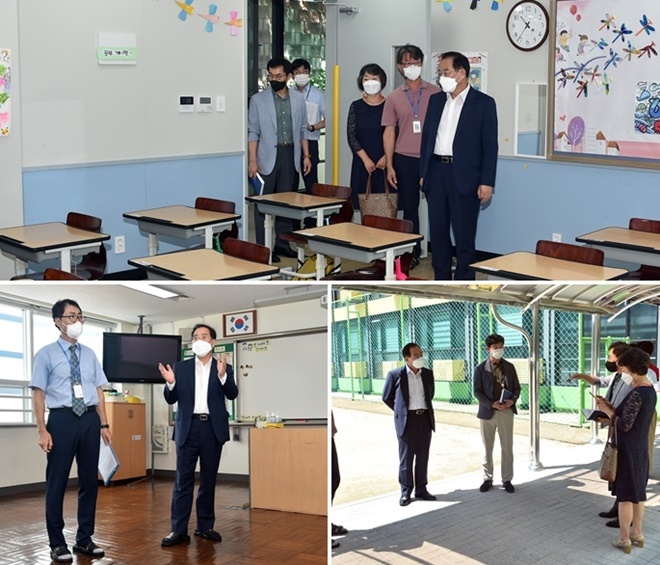 하윤수 부산광역시교육감이 8월 3일과 4일 명호중학교 등을 방문하여 교직원들을 격려하고, 과밀학급 해소 방안에 대한 의견을 나누고 있다.(사진제공=부산교육청)