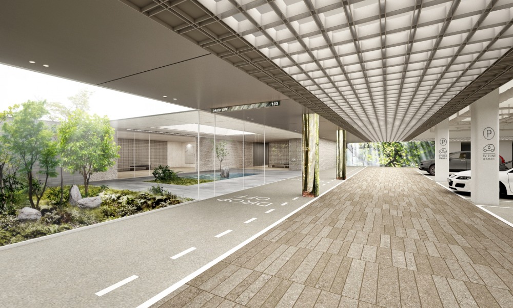 지하주차장 드롭오프 존 식물 및 미디어월 배치 이미지.(사진=포스코건설)