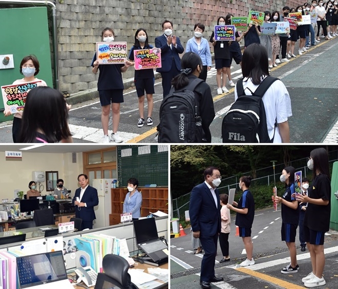 하윤수 교육감이 16일 양동여중 2학기 개학상황을 점검하고 있다.(사진제공=부산교육청)