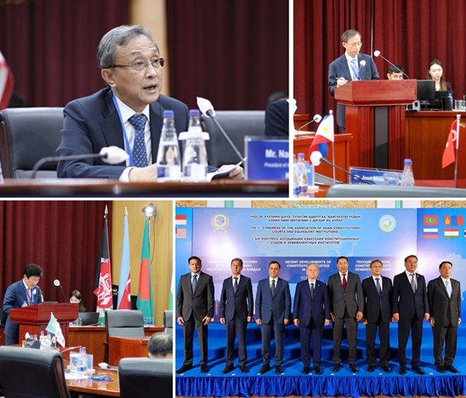 (사진위부터 시계방향) 유남석 헌법재판소장이 8월 18일 오후(현지기준) 몽골에서 열린 AACC 제5차 총회에 참석하고 있다./김기영 재판관이 '도전적 시기의 위헌심사'라는 주제로 발표하고 있다./아시아 지역 헌법재판기관 수장들이 기념촬영을 하고 있다. 사진 오른쪽에서 세 번째가 유남석 헌법재판소장./AACC 연구사무국 사무총장을 맡고 있는 박종문 헌법재판소 사무처장이 AACC 연구사무국 업무현황을 보고하고 있다.(사진제공=헌법재판소)