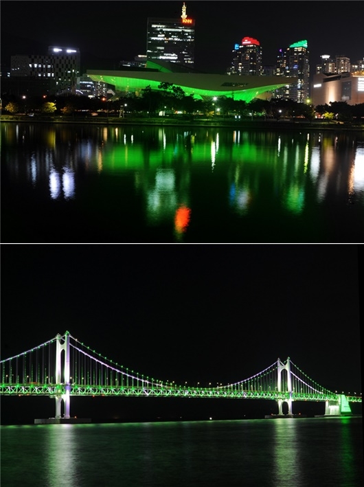 지난해 누리마루, 광안대교 그린라이트 점등 모습.(사진제공=부산 기장군)