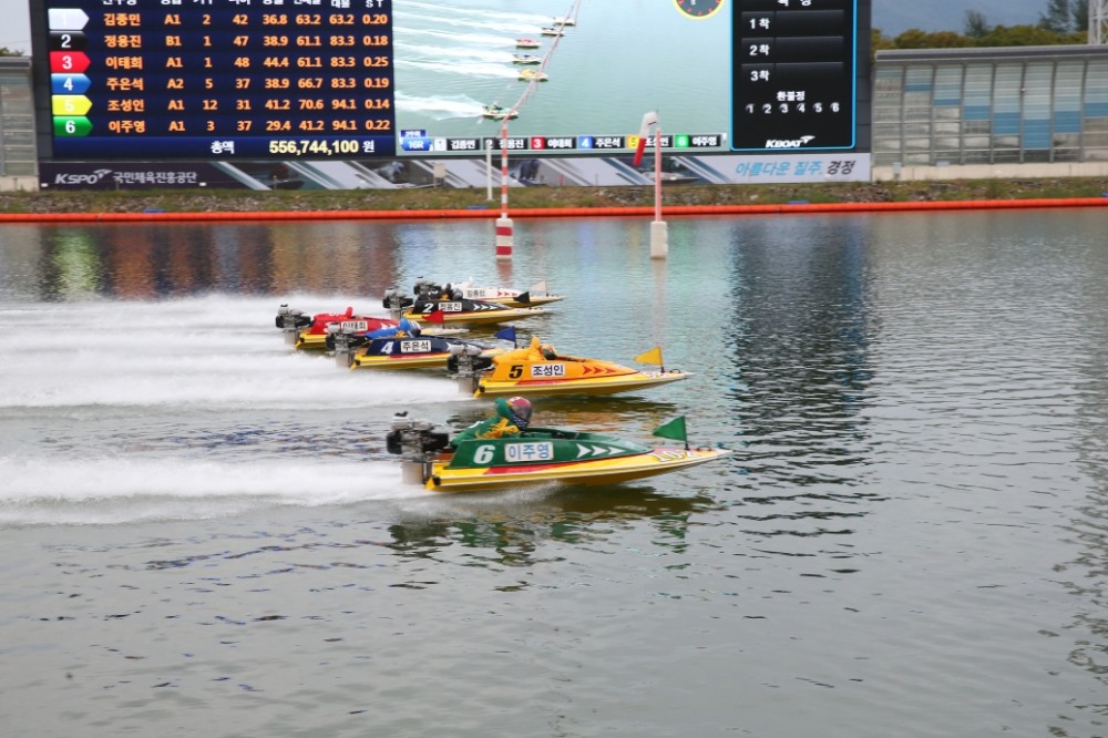 2019년 스포츠경향배 대상경정 결승전에서 선수들이 경주 출발을 하고 있다. (사진=국민체육진흥공단)