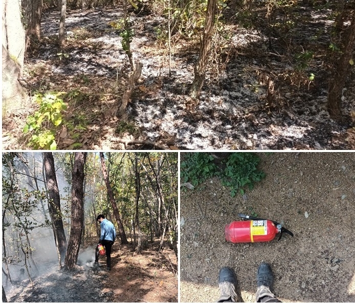 비번 날 산불 초기진화를 하고 있는 부산강서소방서 조영재 소방관.(사진제공=부산소방재난본부)