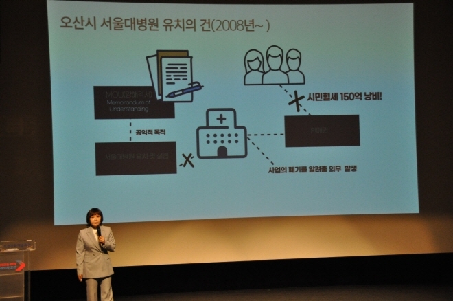 최인혜 오산시민연대 공동대표가 서울대병원 부지 유치 실패로 인해 ‘혈세 150억’이 낭비되었다고 설명하고 있다.