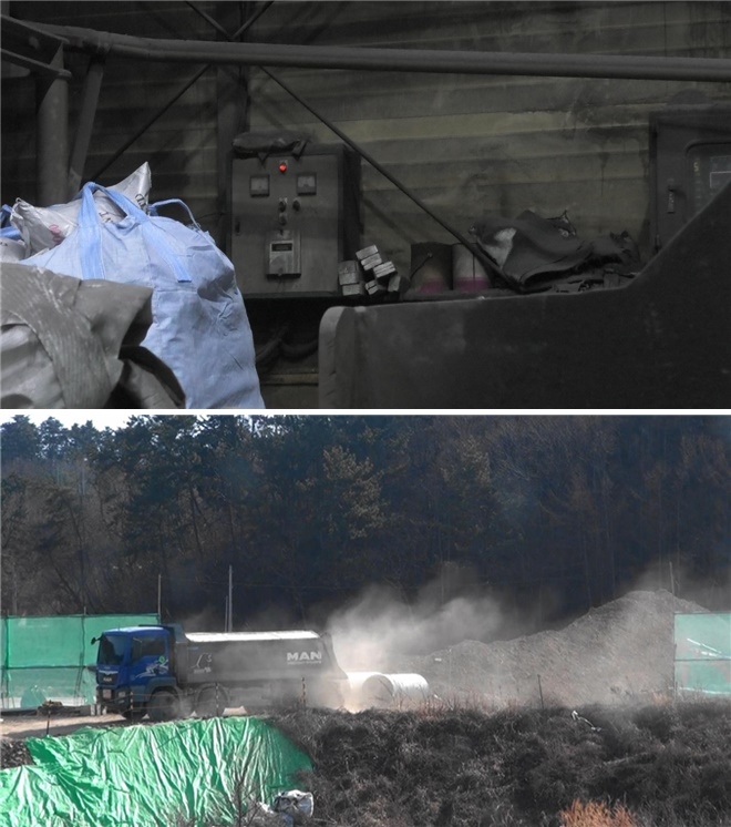 대기오염방지시설 전원이 꺼진 주물 제조사업장(위)/공사장에서 세륜 및 측면살수를 하지 않고 나오는 수송차량(아래).(사진제공=부산시)